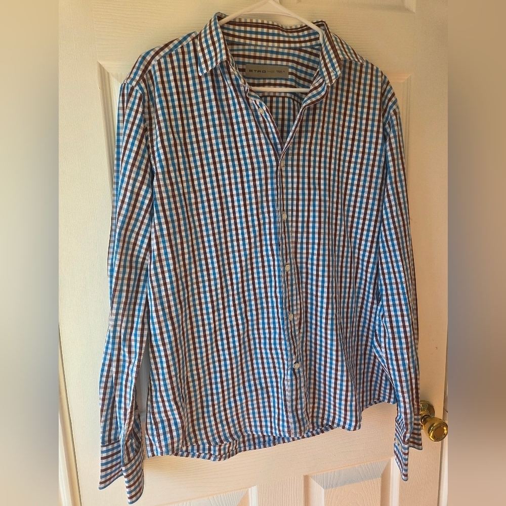 ETRO Men's Gingham Button Up 42 US L Blue and Burgundy Multicolored 3 Tone